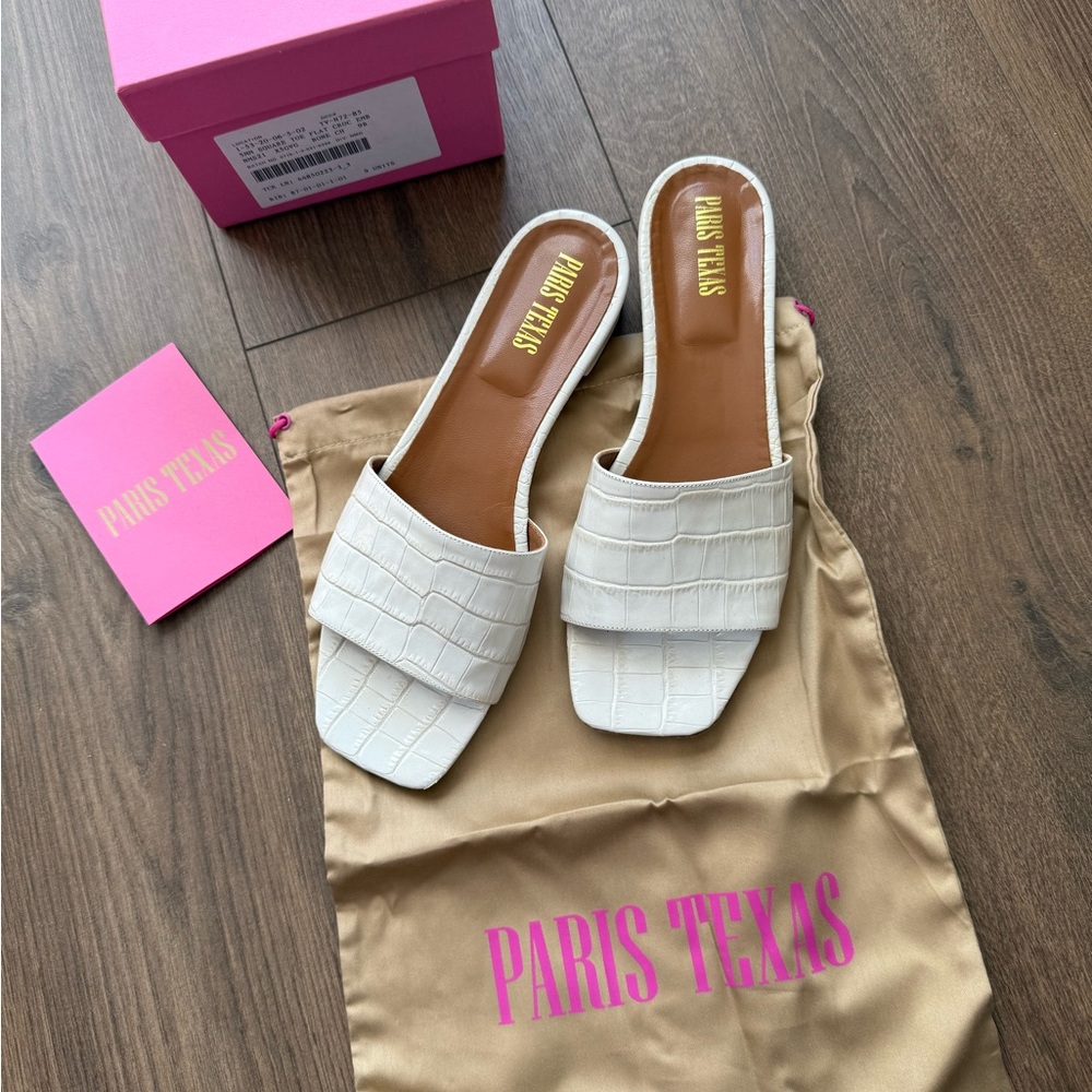 Paris Texas Embossed Moc Croco Square Toe Flat Mule Sandals Bone China Cream 39